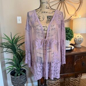 entro Lavender Sheer Lace Floral Tie-Front Kimono